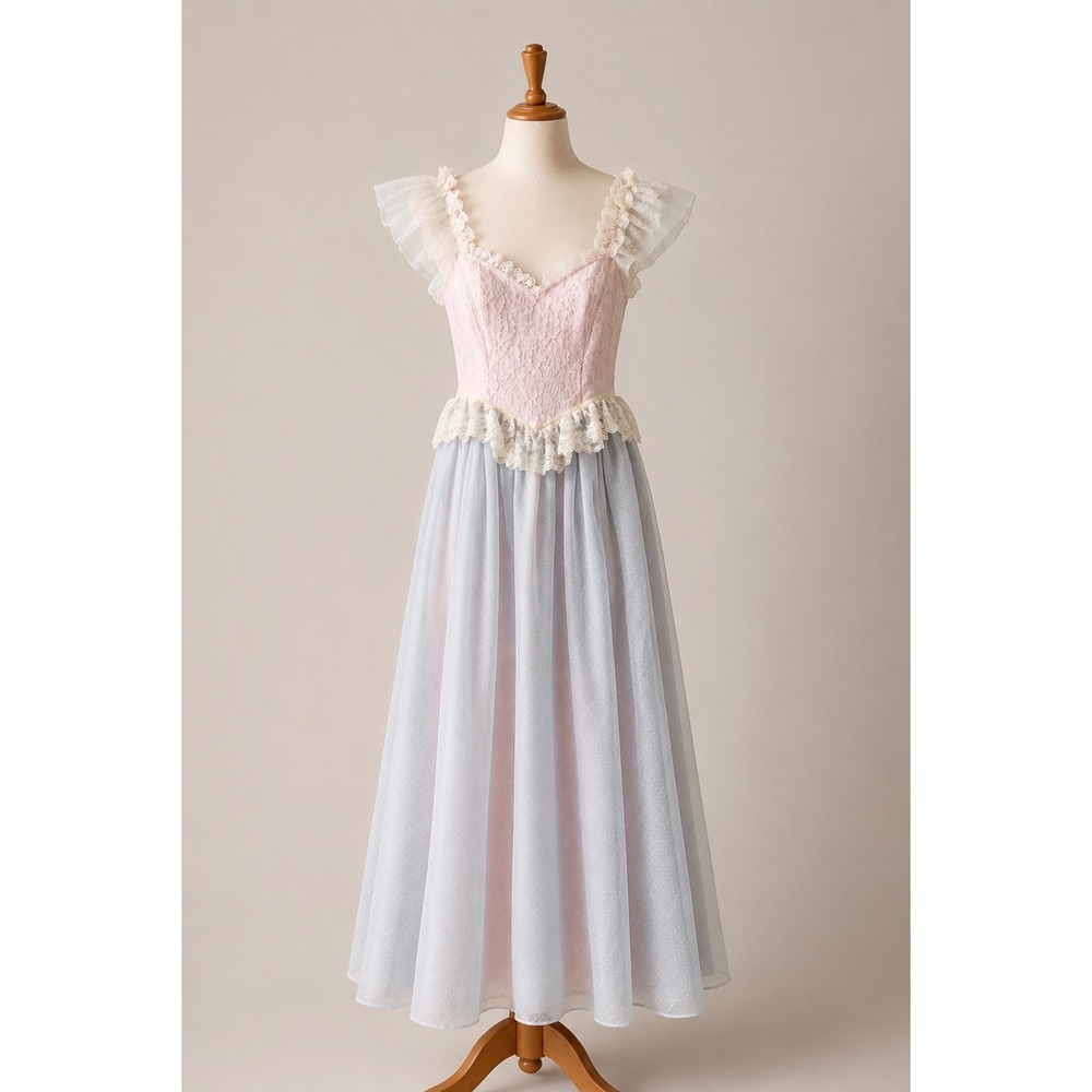 80s Vintage Gunne Sax Jessica McClintock Lace Prairie Prom Maxi Dress Fairycore